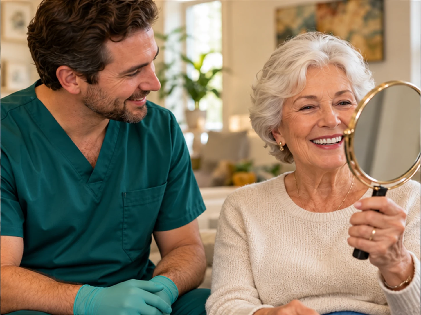 Illustrative patient smiling with fitted dentures while looking into a mirror