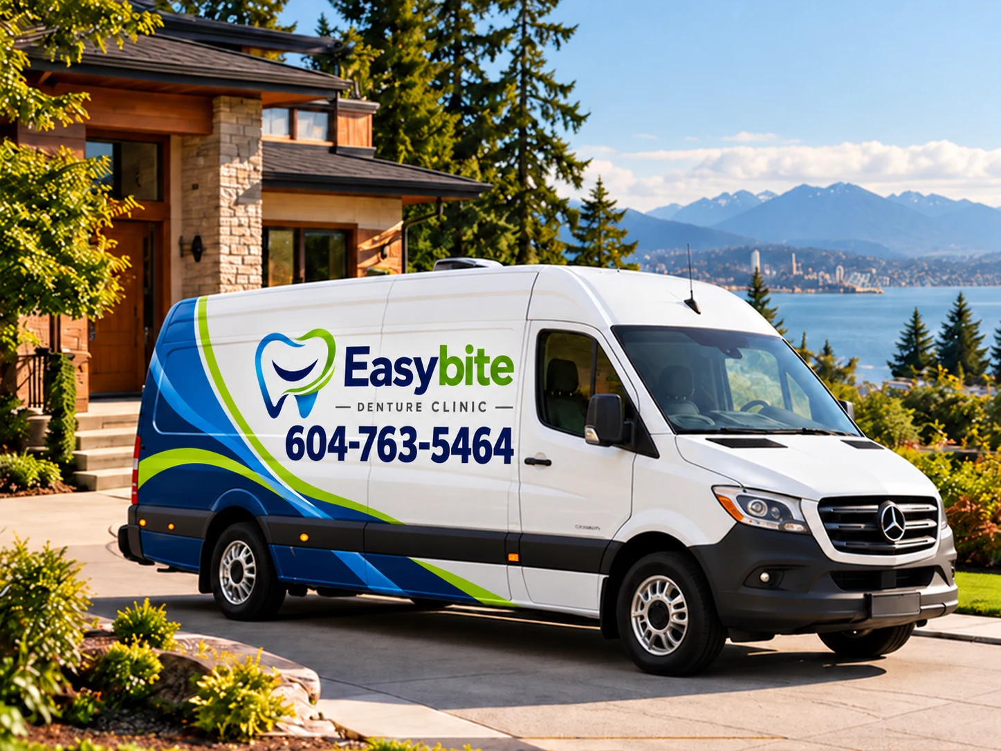 Illustrative Easy Bite mobile denture van outside a Lower Mainland home