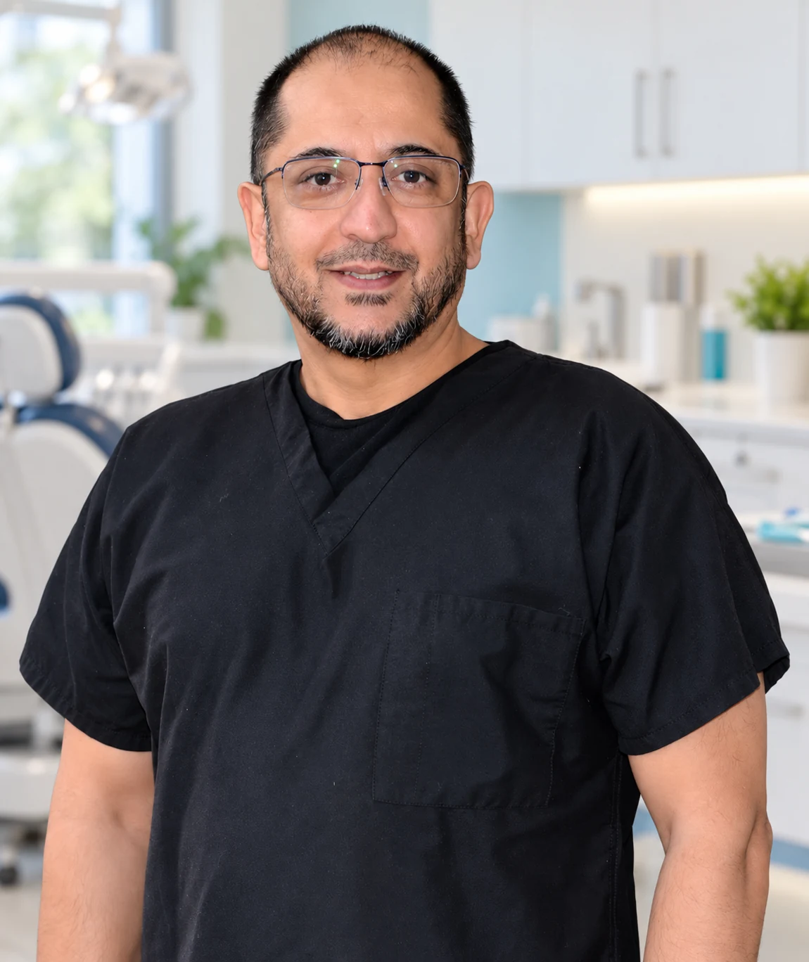 Wais Maiwand, Easy Bite denturist, with an illustrative clinic background