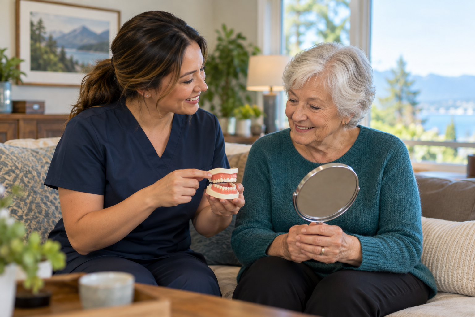 Denturist explaining denture care to an older adult during a home visit