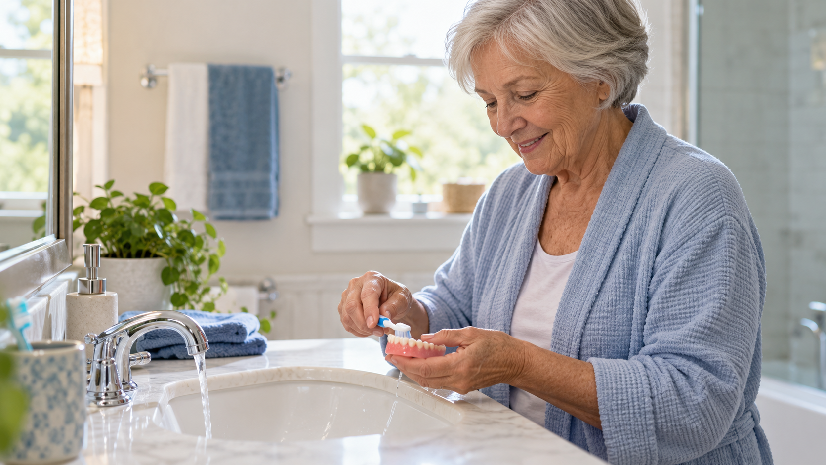 Older adult gently cleaning removable dentures at a bathroom sink
